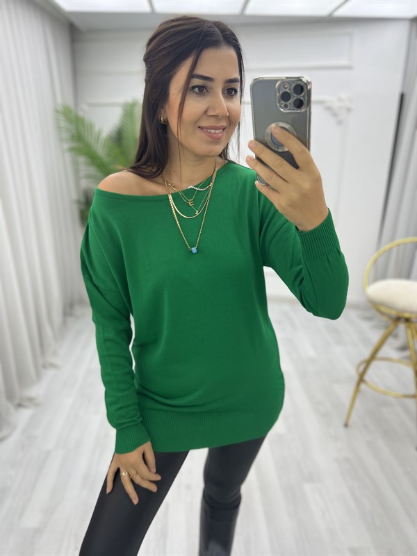 Kayık Yaka Triko Bluz Çimenyeşili