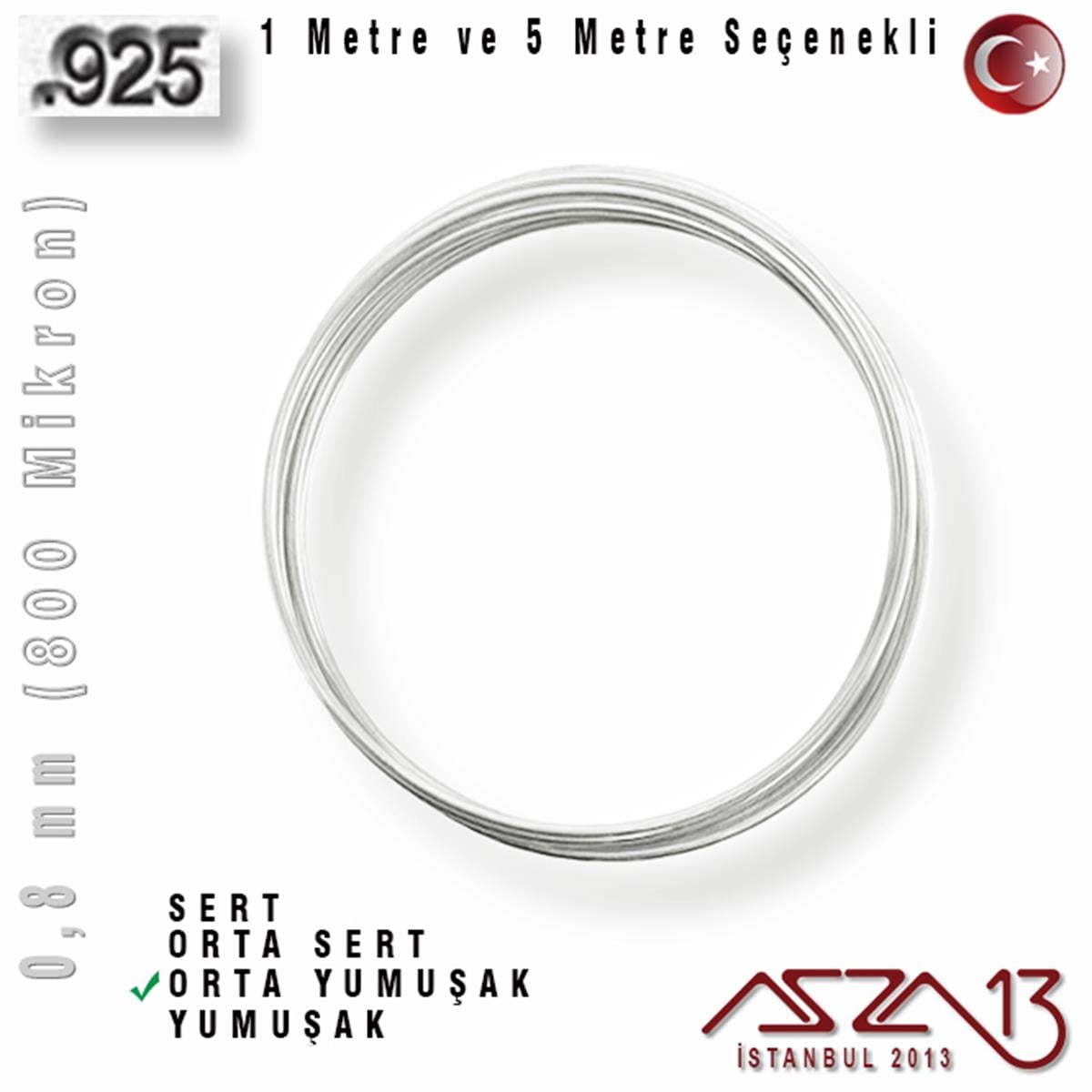925 Ayar - 0,8 mm (800 Mikron) - Yuvarlak Gümüş Tel / 1 Metre