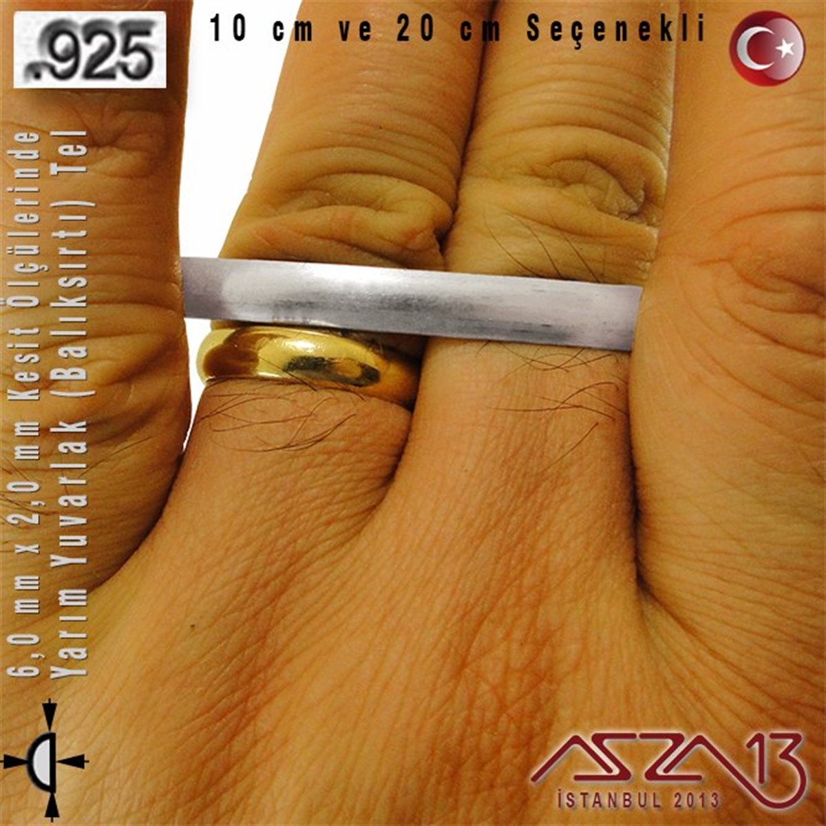 925 Ayar - 6,0 mm / 2,0 mm Ölçülerinde - Yarım Yuvarlak (Balıksırtı) Gümüş Tel / 10 ve 20 cm Seçenekli
