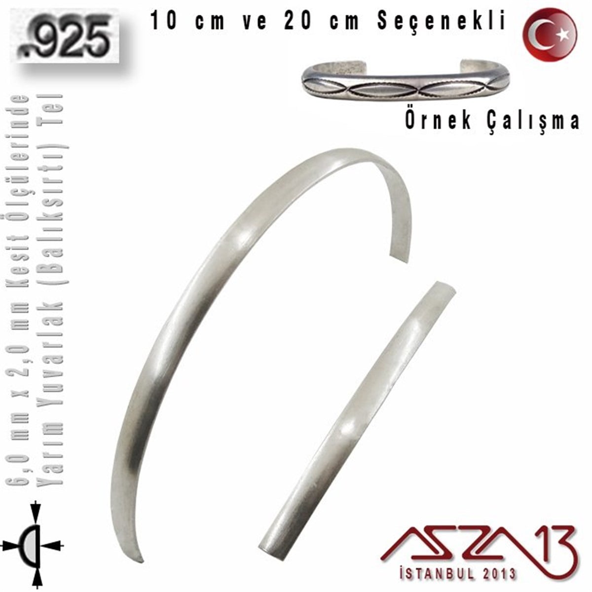 925 Ayar - 6,0 mm / 2,0 mm Ölçülerinde - Yarım Yuvarlak (Balıksırtı) Gümüş Tel / 10 ve 20 cm Seçenekli