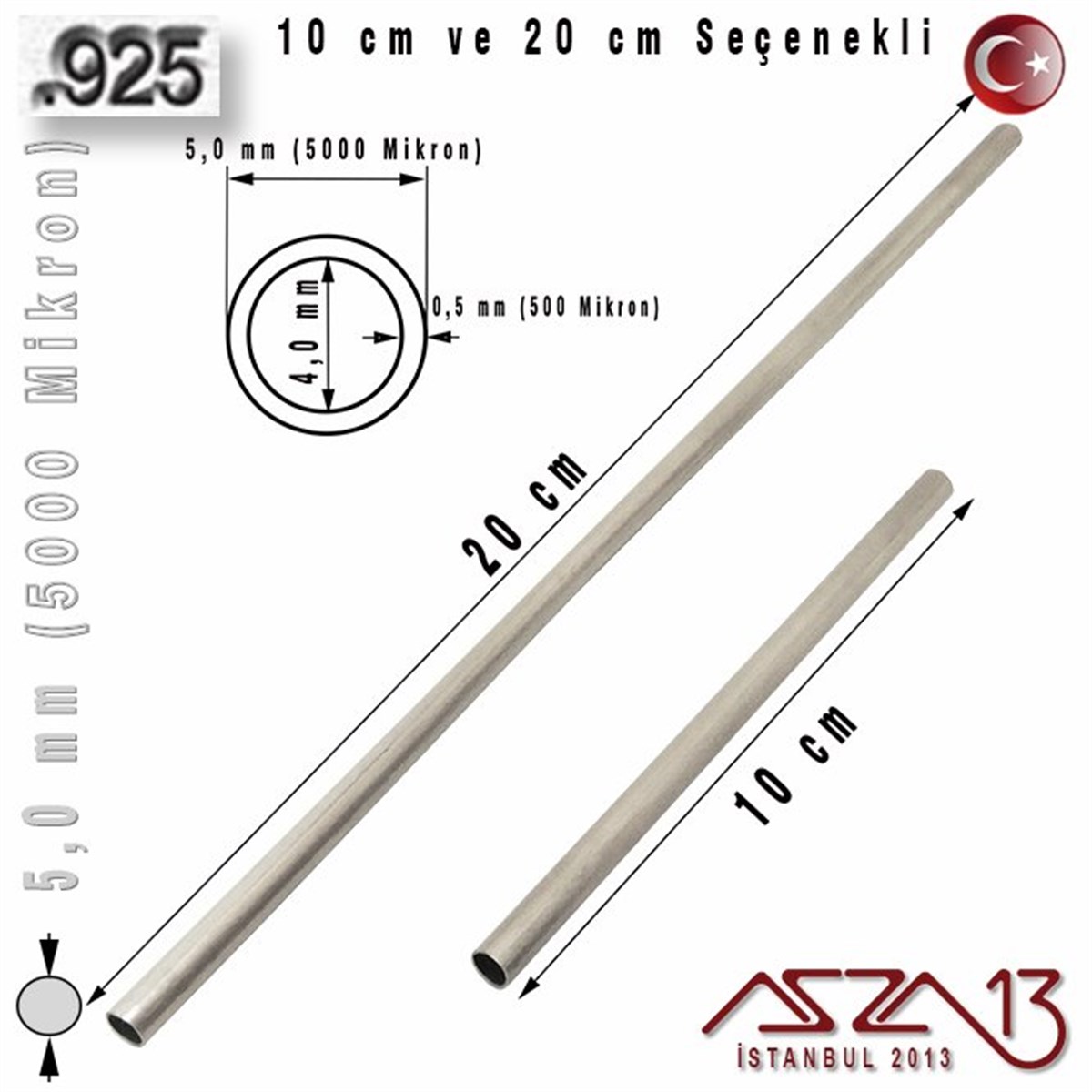 925 Ayar - 5,0 mm (5000 Mikron) Çapında - Yuvarlak Gümüş Boru / 10 ve 20 cm Seçenekli