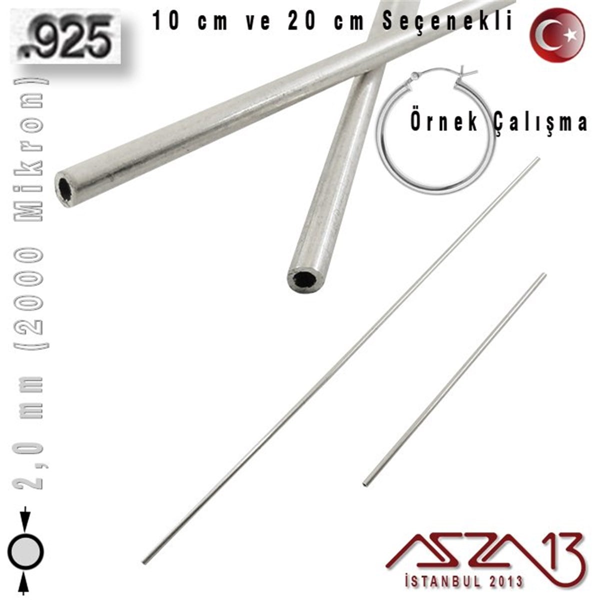 925 Ayar - 2,0 mm (2000 Mikron) Çapında - Yuvarlak Gümüş Boru / 10 ve 20 cm Seçenekli