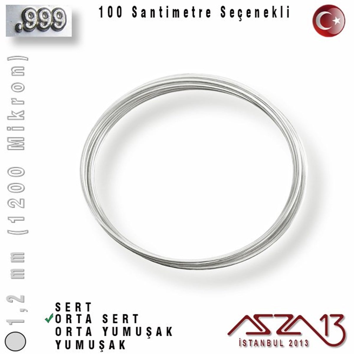 999 Ayar - 1,2 mm (1200 Mikron) - Yuvarlak Gümüş Tel / 1 Metre