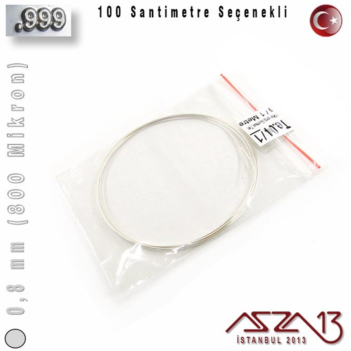 999 Ayar - 0,8 mm (800 Mikron) - Yuvarlak Gümüş Tel / 1 Metre