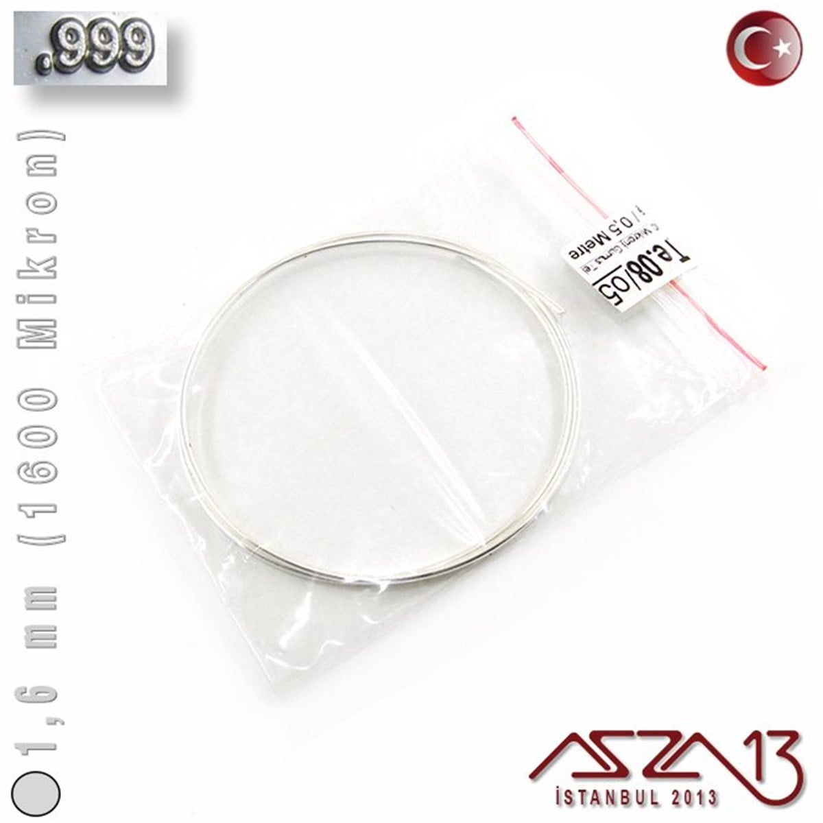 999 Ayar - 1,6 mm (1600 Mikron) - Yuvarlak Gümüş Tel / 50 Santimetre