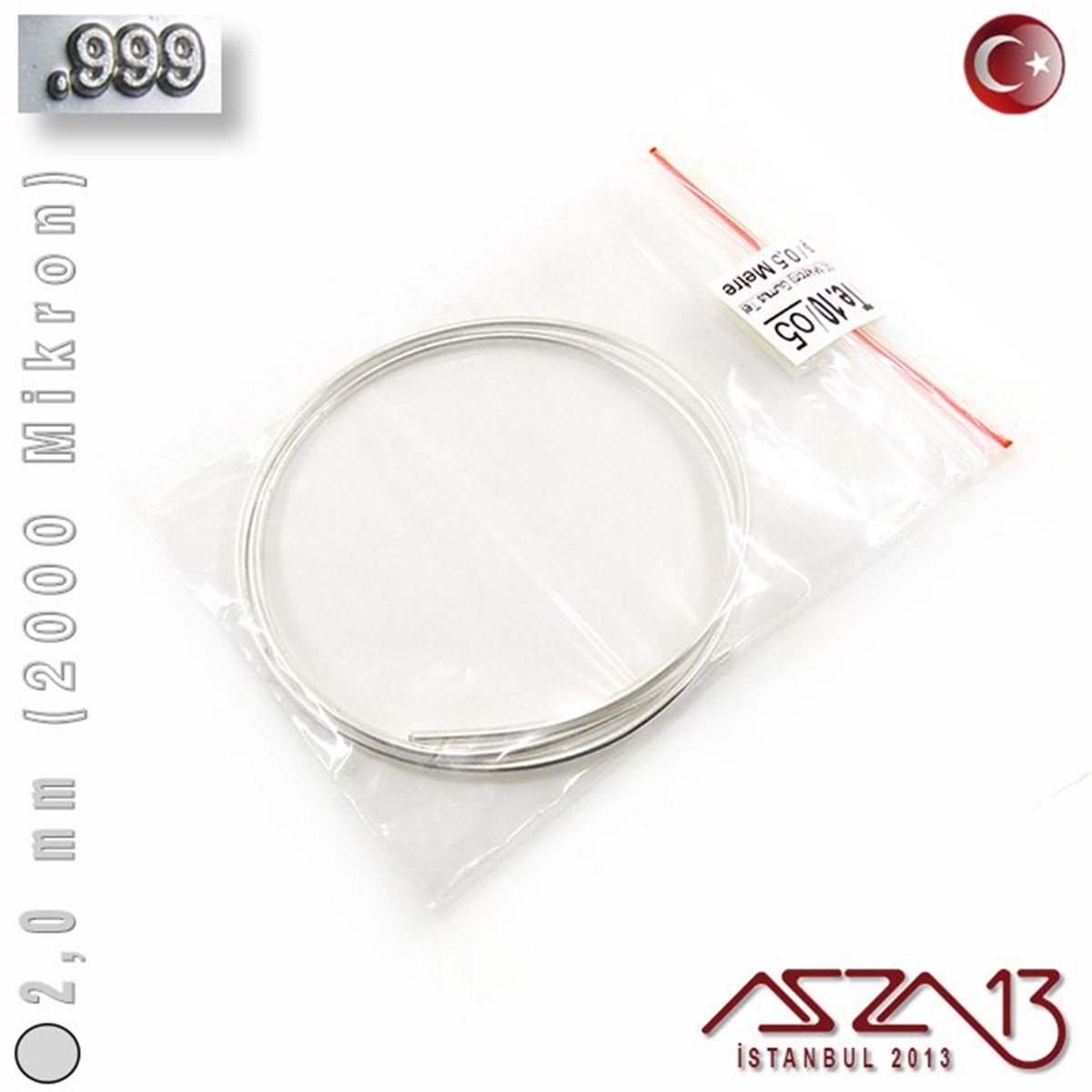 999 Ayar - 2,0 mm (2000 Mikron) - Yuvarlak Gümüş Tel / 50 Santimetre