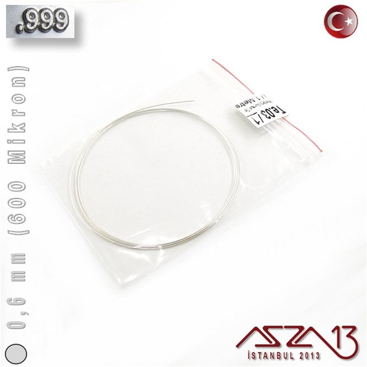 999 Ayar - 0,6 mm (600 Mikron) - Yuvarlak Gümüş Tel / 1 Metre