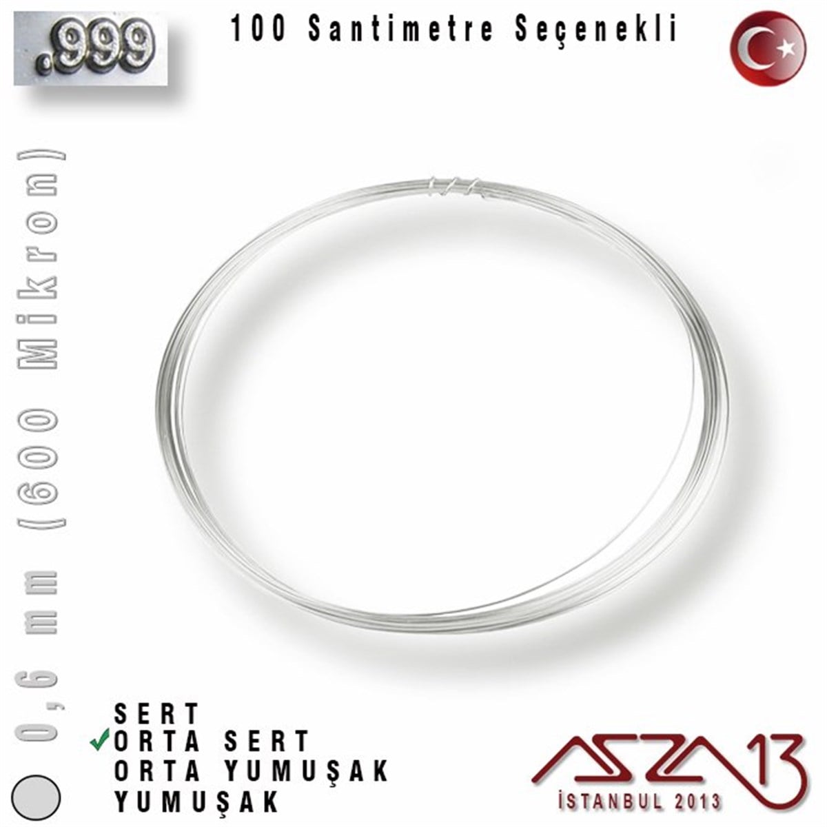 999 Ayar - 0,6 mm (600 Mikron) - Yuvarlak Gümüş Tel / 1 Metre