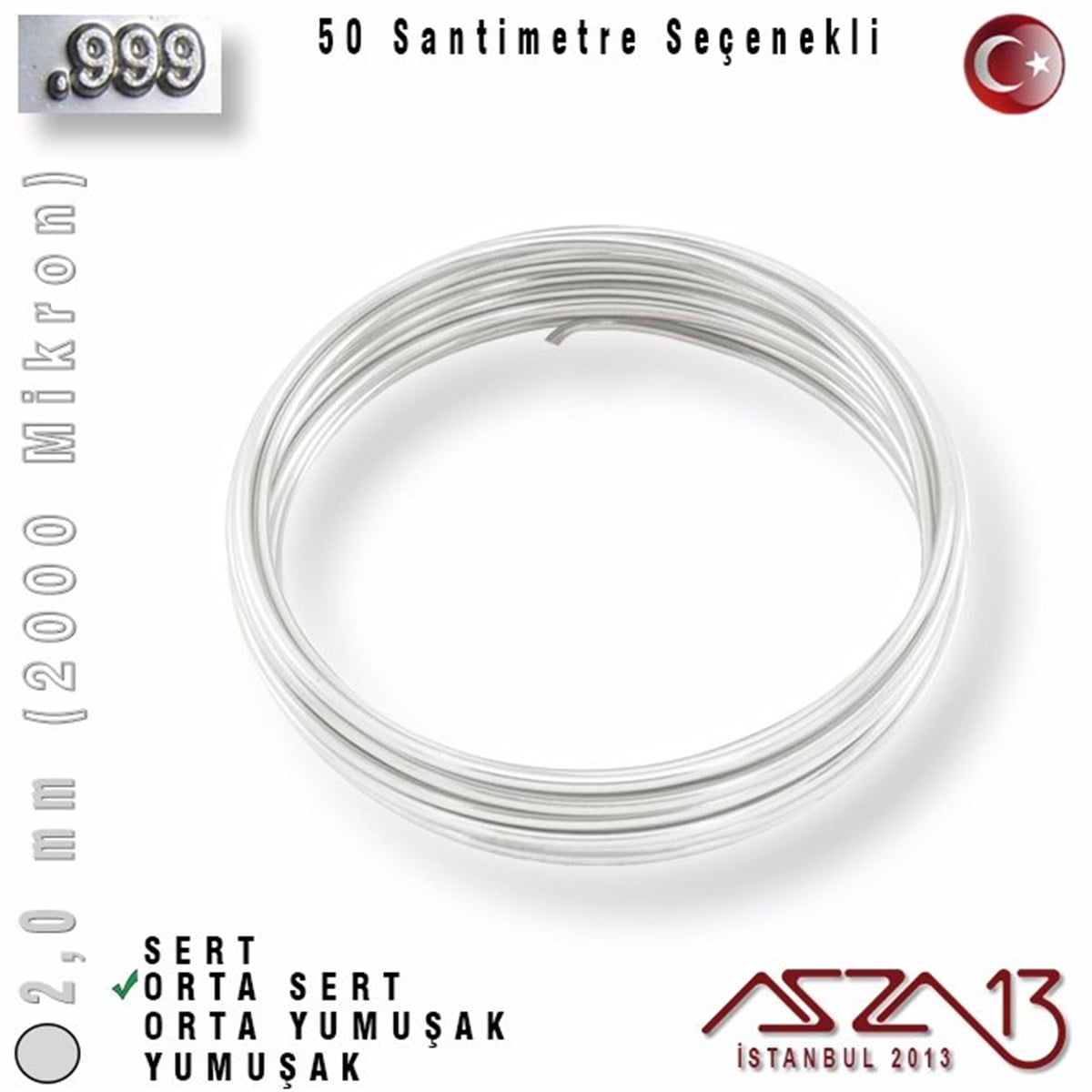 999 Ayar - 2,0 mm (2000 Mikron) - Yuvarlak Gümüş Tel / 50 Santimetre