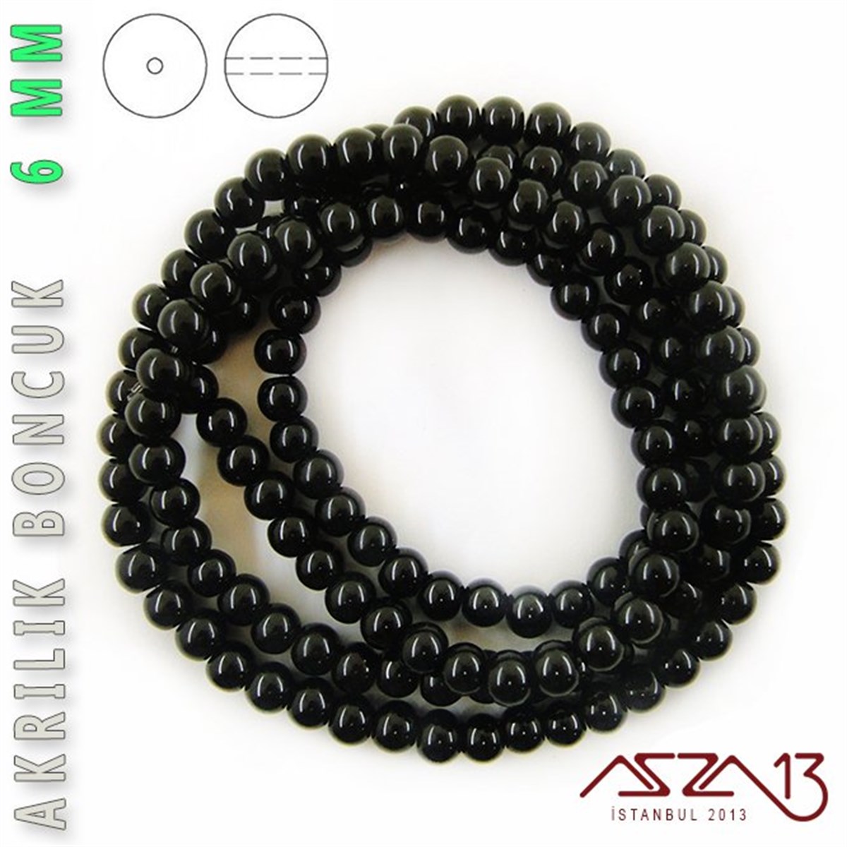 138 Adet 6 mm Siyah Renk Opak Parlak Akrilik Boncuk (40 Gr)