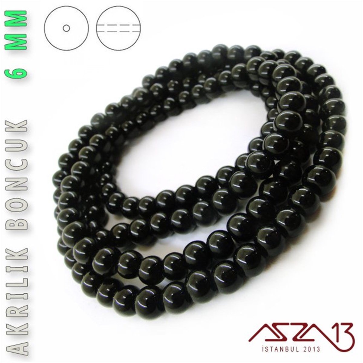 138 Adet 6 mm Siyah Renk Opak Parlak Akrilik Boncuk (40 Gr)