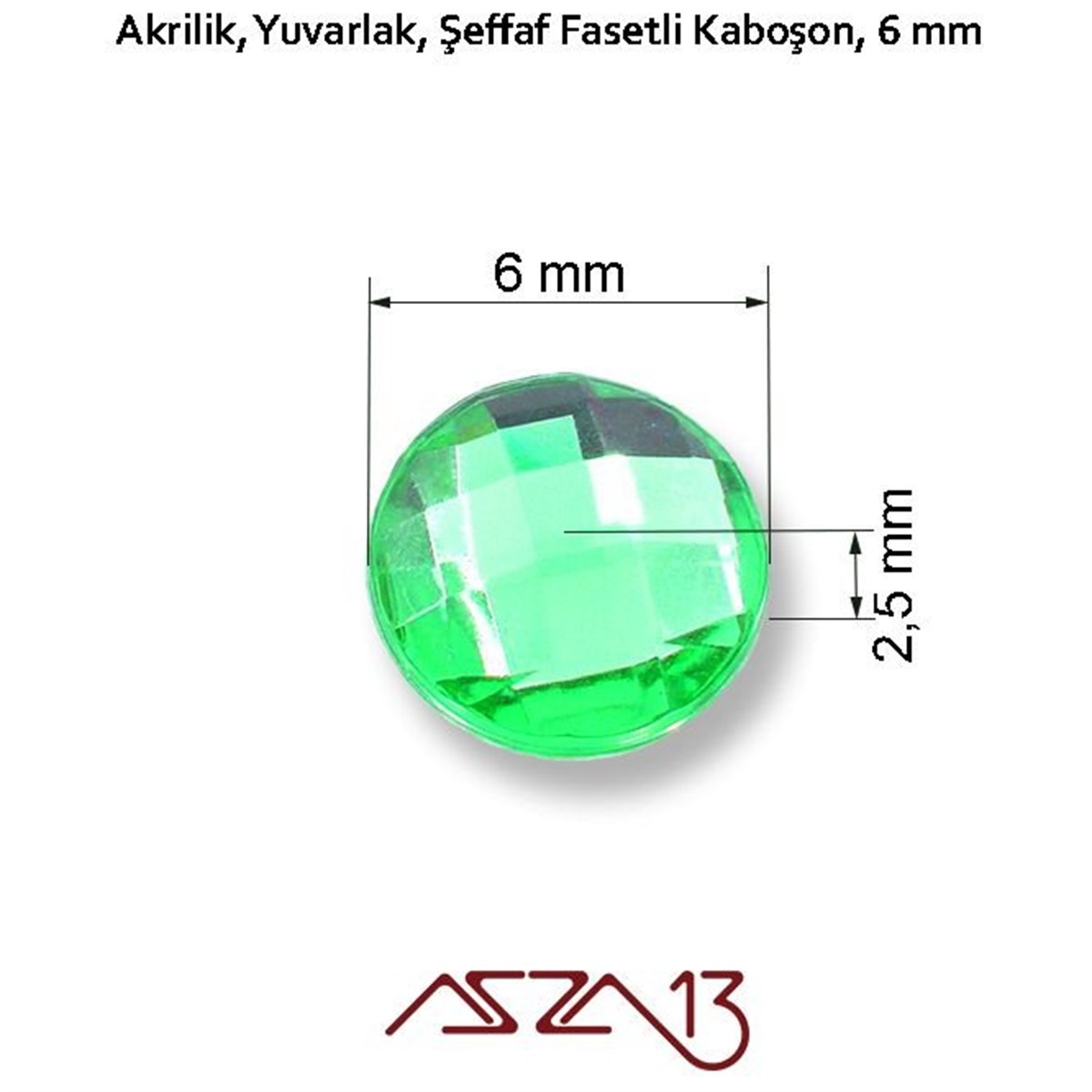 50 Adet 6 mm Yeşil Renk Yuvarlak Akrilik Taş (2,6 gr)