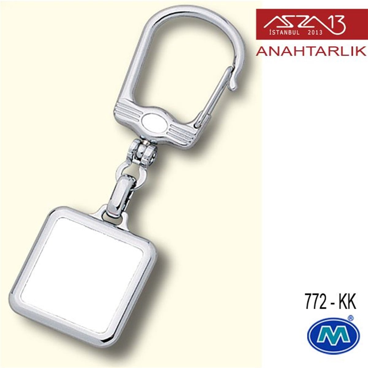 Metalik Krom Kare (28x95 mm) Çift Taraflı Boş Yuvalı Anahtarlık (772-KK)