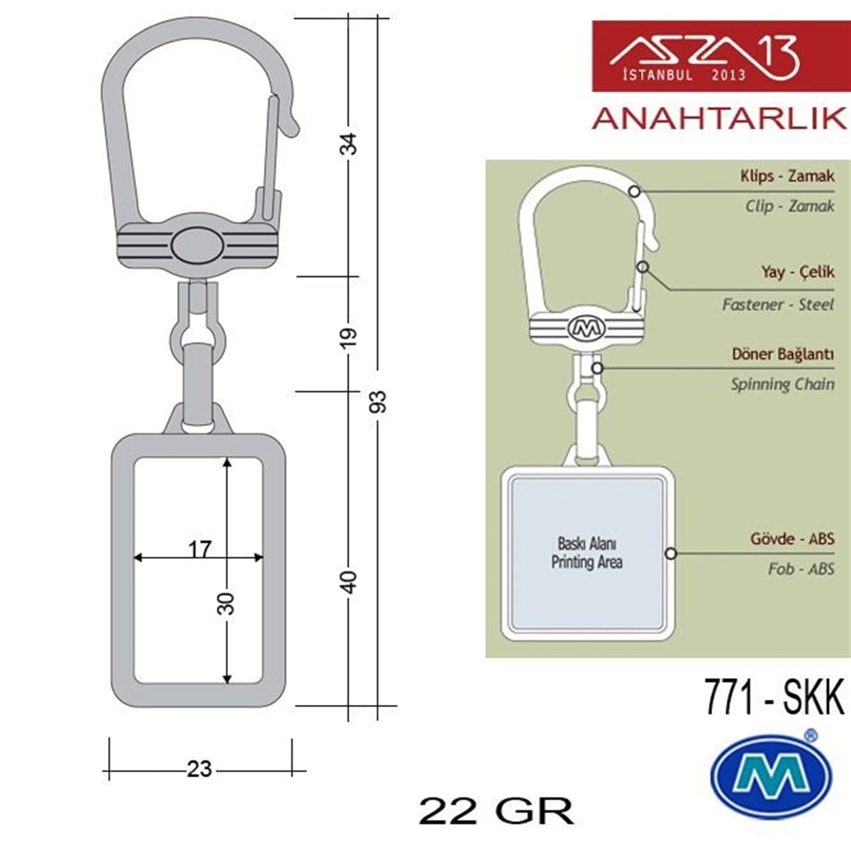 Metalik Saten Krom Dikdörtgen (23x93 mm) Çift Taraflı Boş Yuvalı Anahtarlık (771-SKK)