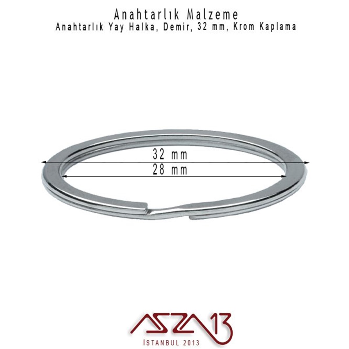 Krom ve Saten Krom Kaplamalı Anahtarlık Yayı Düz Halka 32 mm / Paket İçeriği 3 Adet