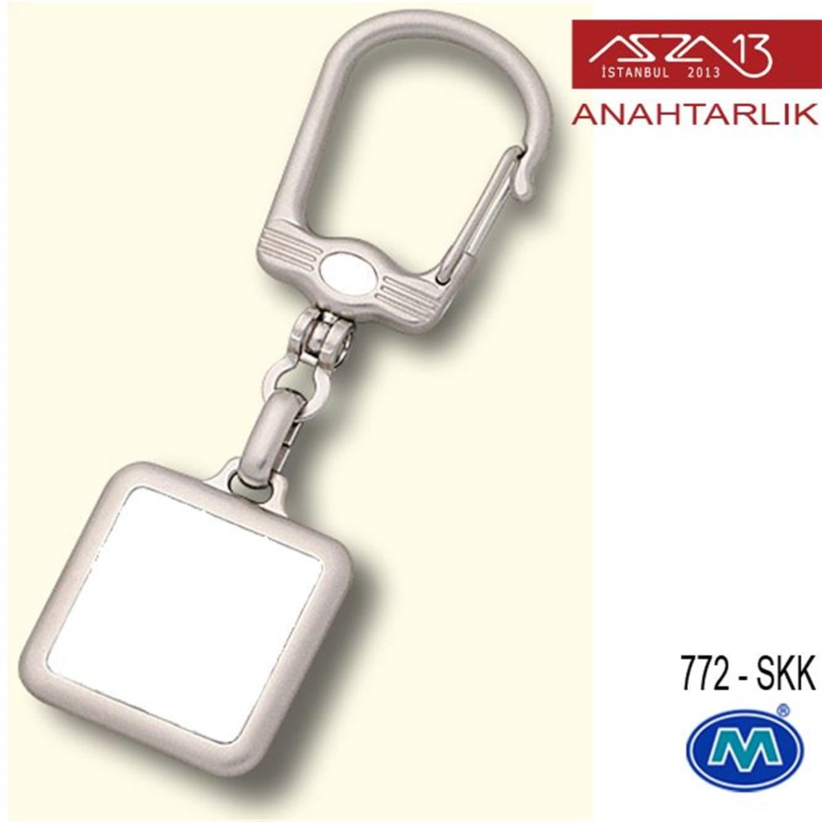 Metalik Saten Krom Kare (28x95 mm) Çift Taraflı Boş Yuvalı Anahtarlık (772-SKK)