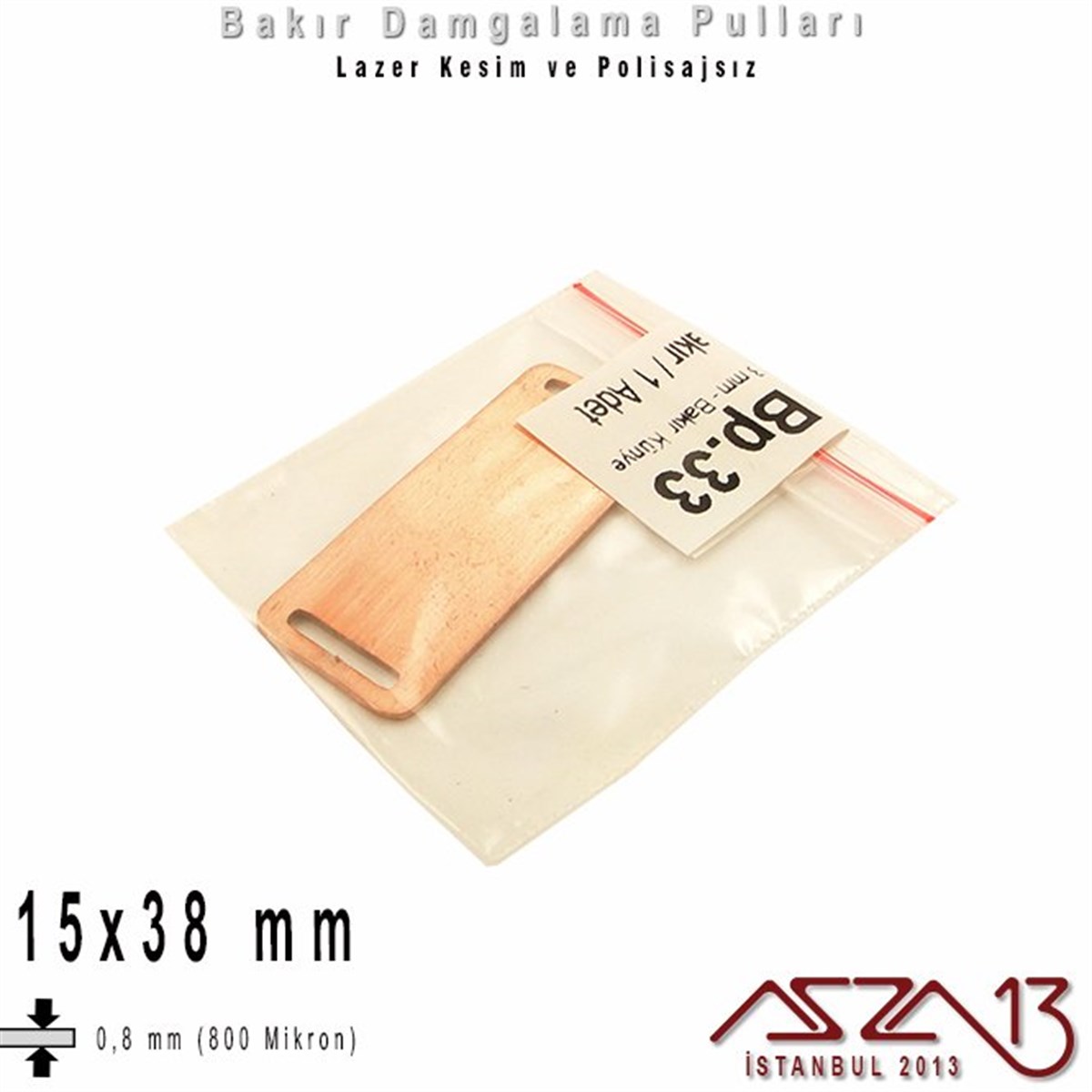 Bakır - 15x38 mm - Damgalama Pulu - Çift Delik - Dikdörtgen / 1 Adet