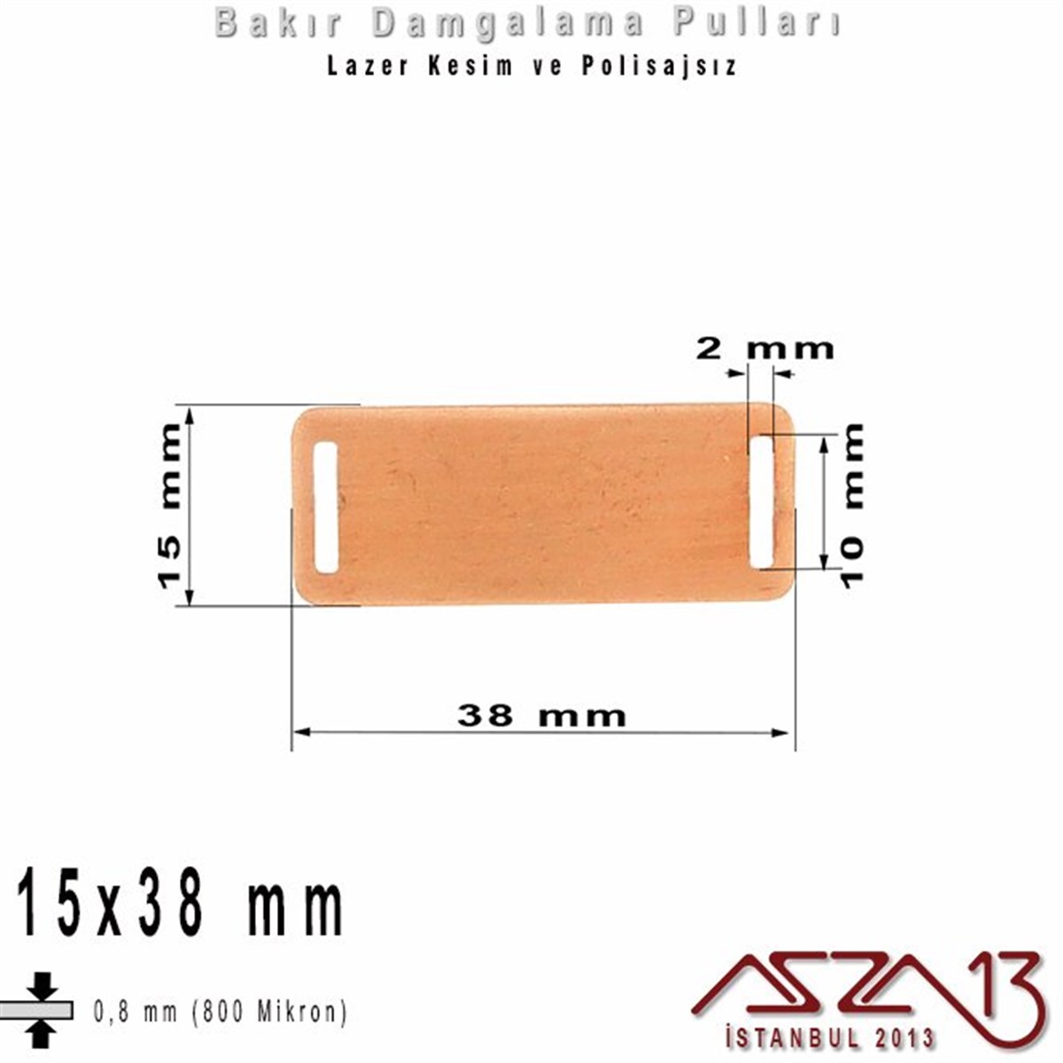 Bakır - 15x38 mm - Damgalama Pulu - Çift Delik - Dikdörtgen / 1 Adet