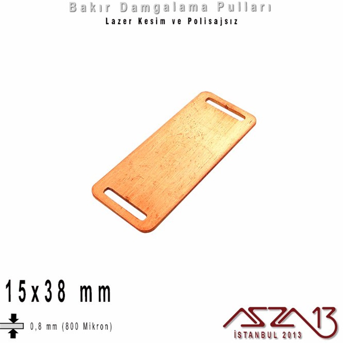 Bakır - 15x38 mm - Damgalama Pulu - Çift Delik - Dikdörtgen / 1 Adet