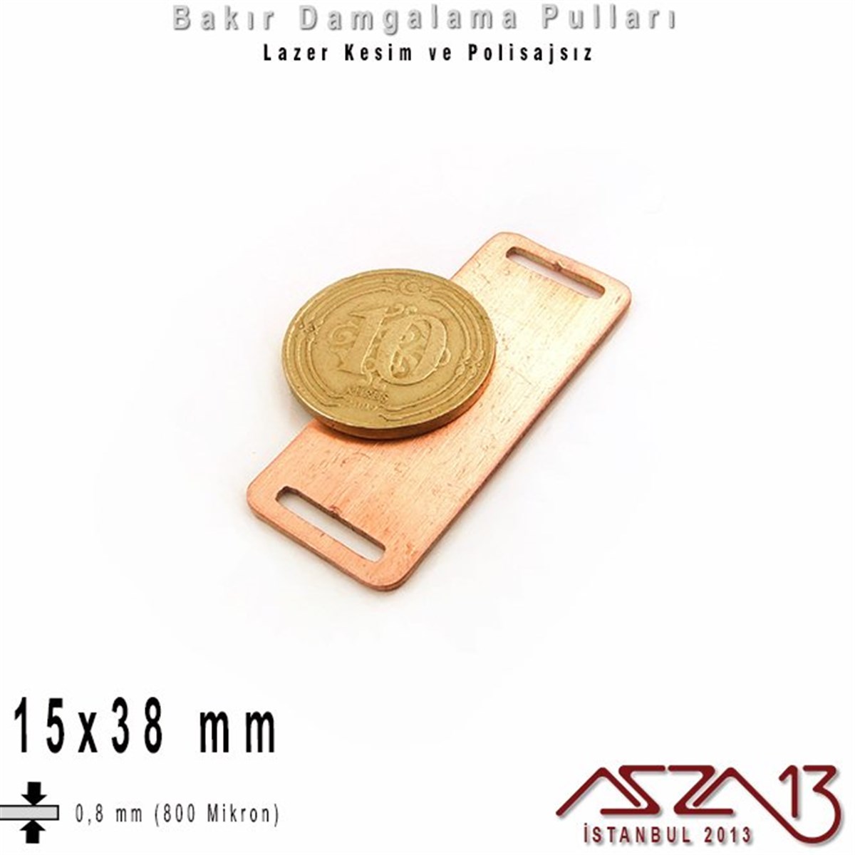 Bakır - 15x38 mm - Damgalama Pulu - Çift Delik - Dikdörtgen / 1 Adet