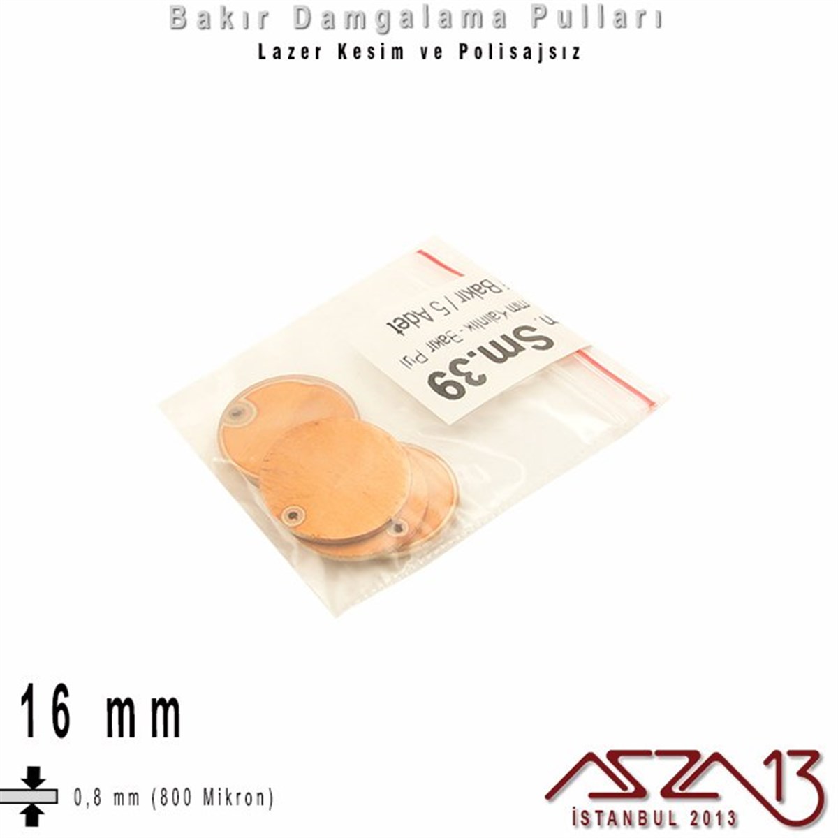 Bakır - 16 mm - Damgalama Pulu - Tek Delik - Yuvarlak / 5 Adet