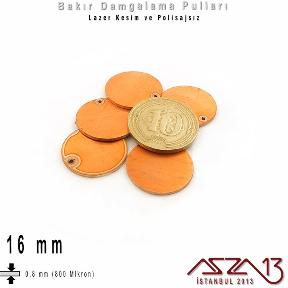Bakır - 16 mm - Damgalama Pulu - Tek Delik - Yuvarlak / 5 Adet