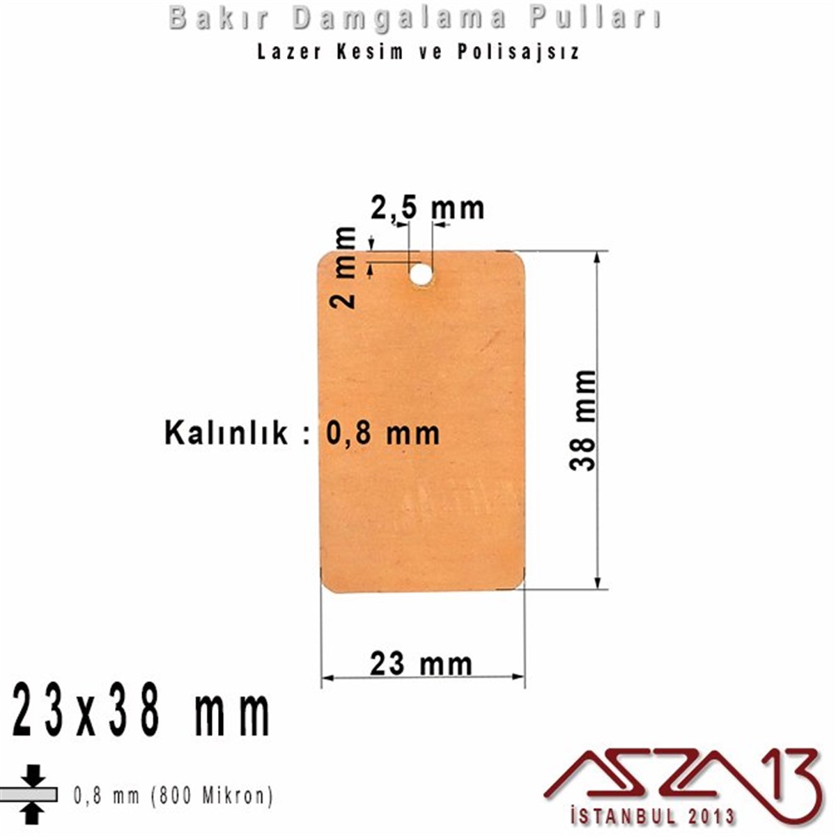 Bakır - 23x38 mm - Damgalama Pulu - Tek Delik - Dikdörtgen / 1 Adet