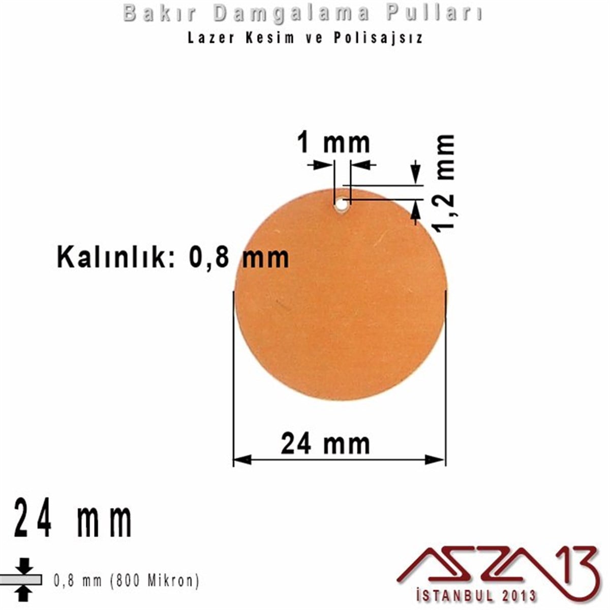 Bakır - 24 mm - Damgalama Pulu - Tek Delik - Yuvarlak / 1 Adet