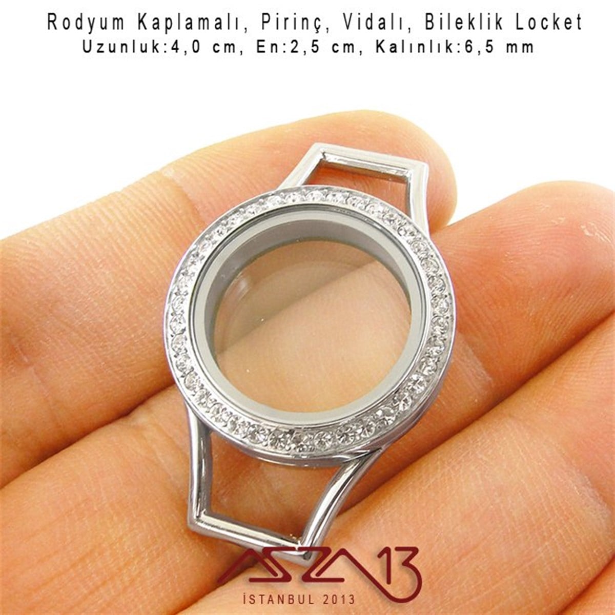 25 mm Rodyum, Kristal Taşlı, Yuvarlak, Vida Kilitli Bileklik Ortası (Locket Pendant)