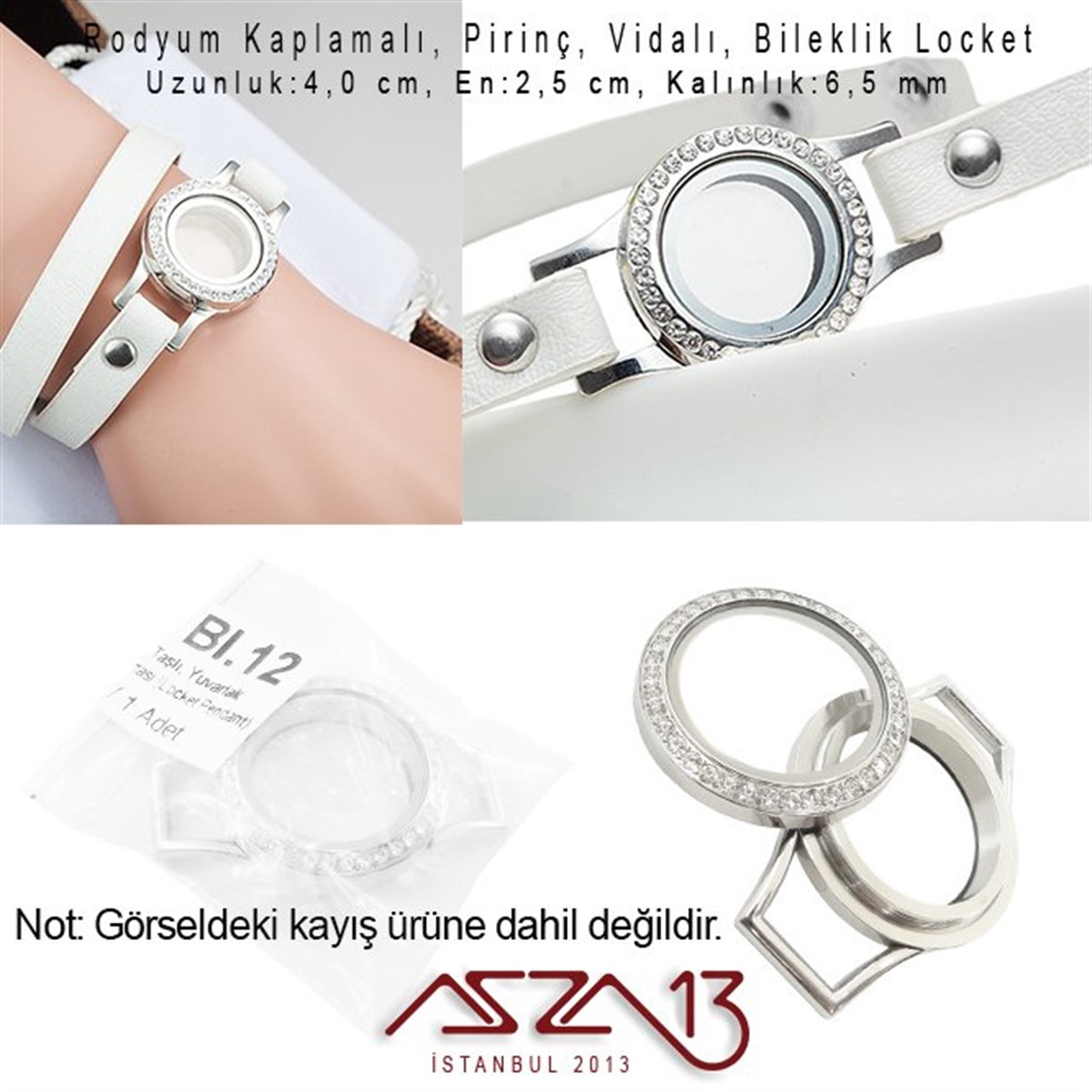 25 mm Rodyum, Kristal Taşlı, Yuvarlak, Vida Kilitli Bileklik Ortası (Locket Pendant)