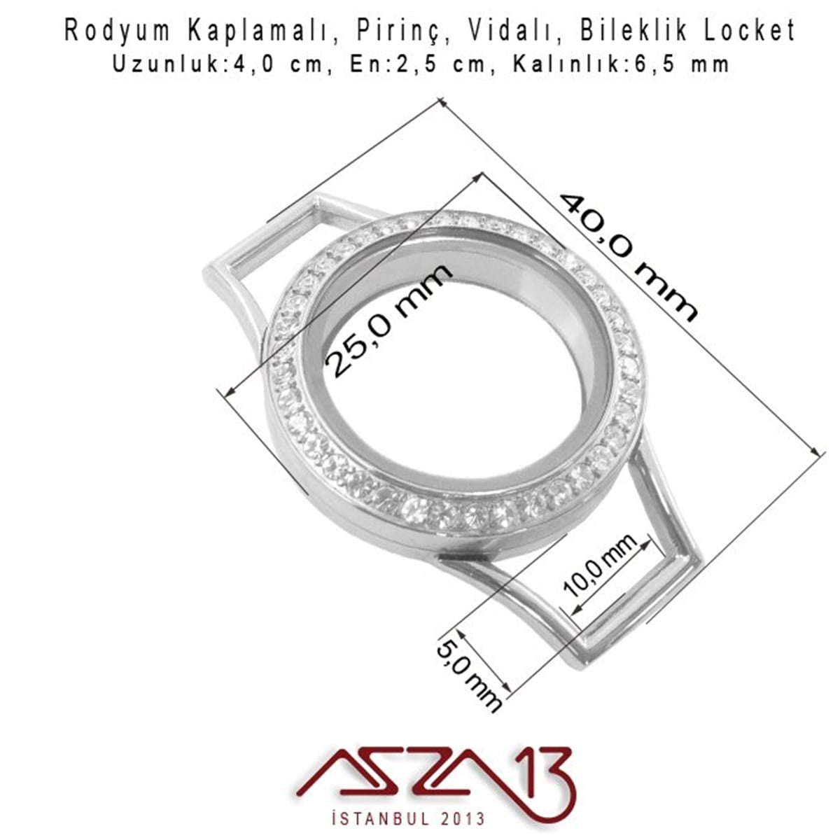 25 mm Rodyum, Kristal Taşlı, Yuvarlak, Vida Kilitli Bileklik Ortası (Locket Pendant)