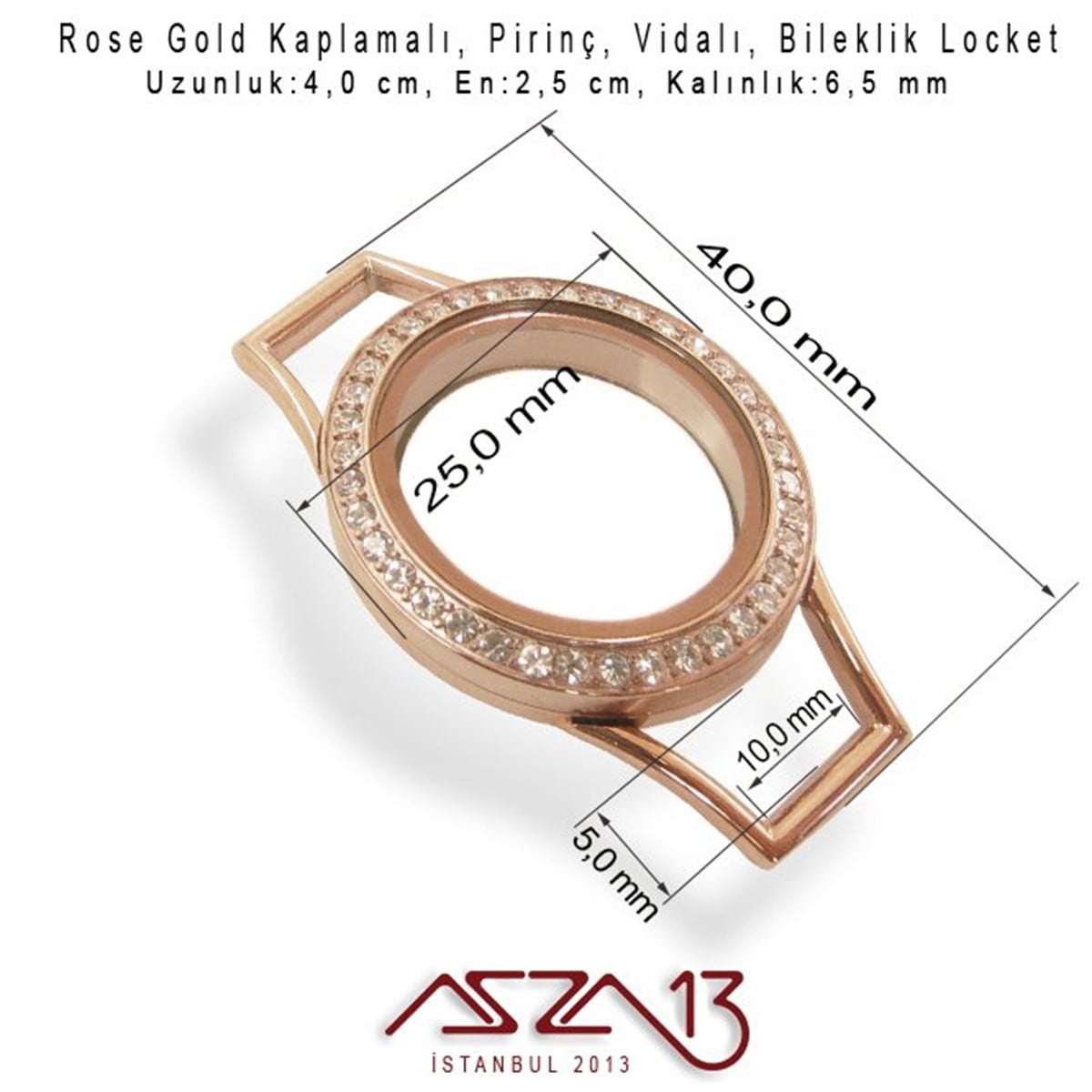 25 mm Rose Altın, Kristal Taşlı, Yuvarlak, Vida Kilitli Bileklik Ortası (Locket Pendant)