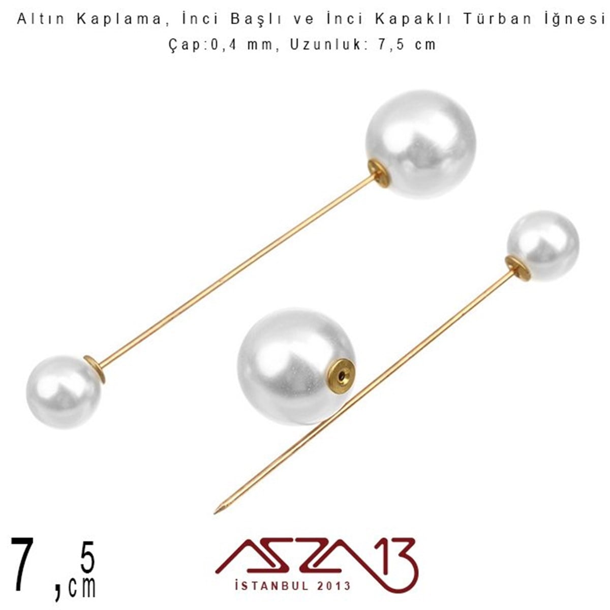 Altın Kaplamalı - 7,5 cm - İncili Türban İğnesi / 1 Adet
