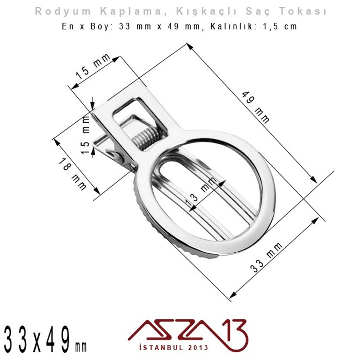 Rodyum Kaplamalı - 33 x 49 cm - Yaylı Saç Tokası / 1 Adet