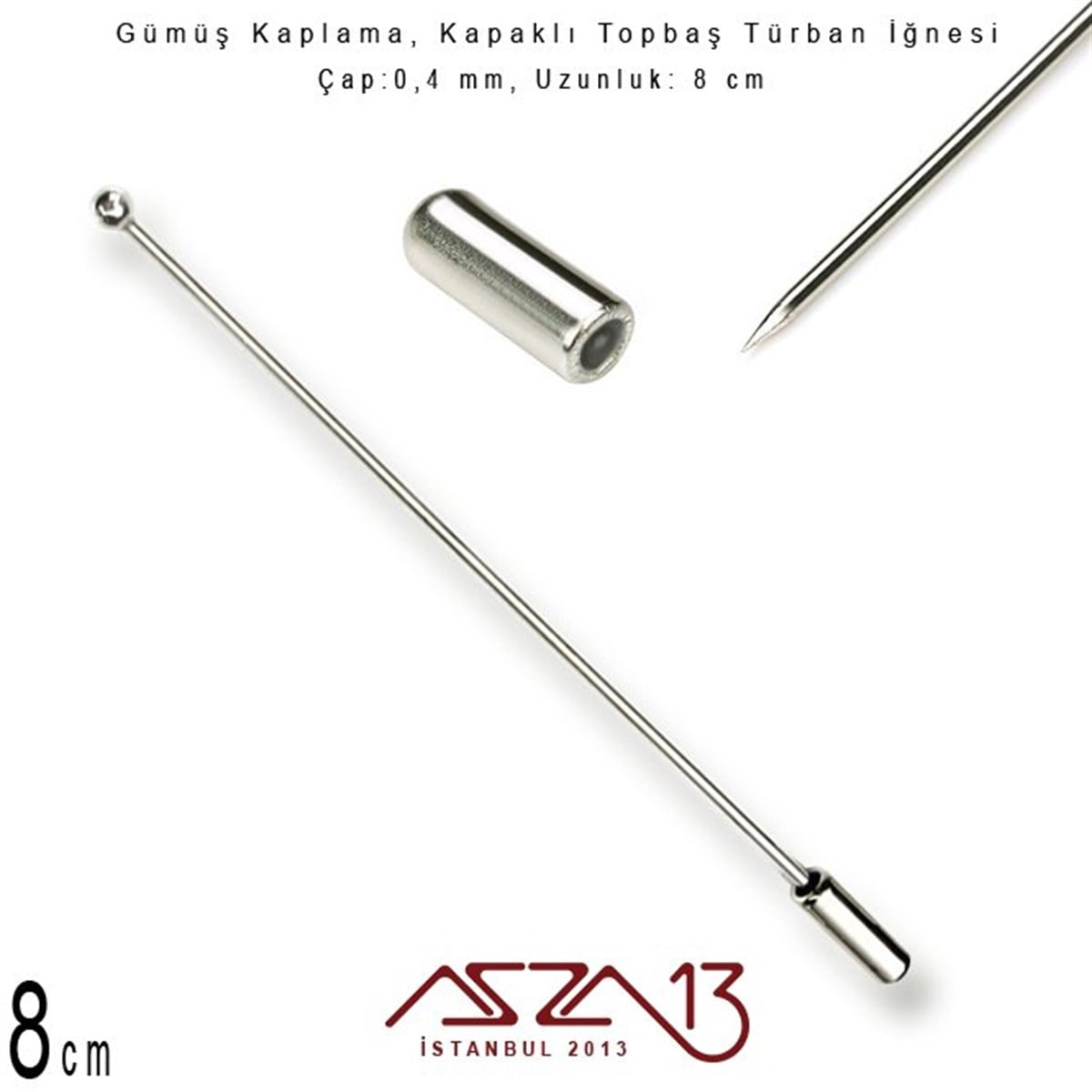 Gümüş Kaplamalı - 8 cm - Kapaklı Türban İğnesi / 1 Adet