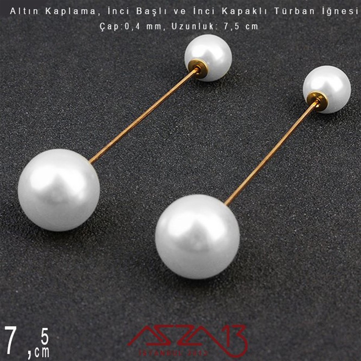 Altın Kaplamalı - 7,5 cm - İncili Türban İğnesi / 1 Adet
