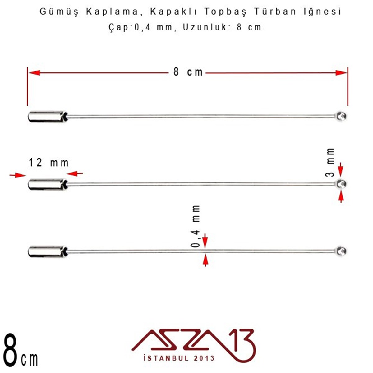 Gümüş Kaplamalı - 8 cm - Kapaklı Türban İğnesi / 1 Adet