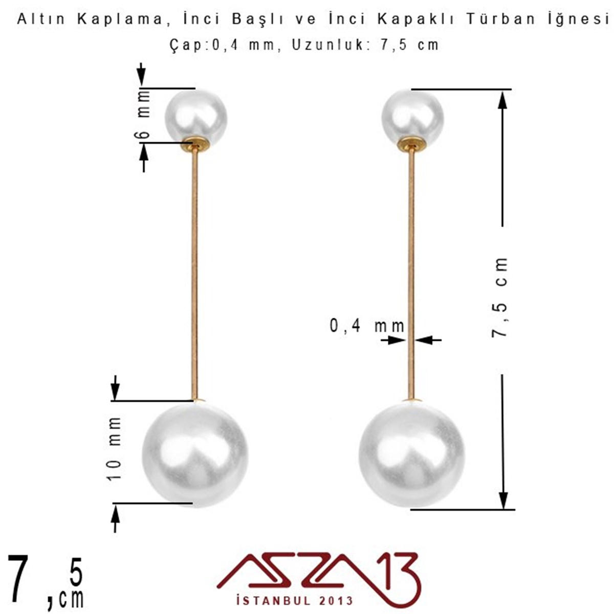 Altın Kaplamalı - 7,5 cm - İncili Türban İğnesi / 1 Adet
