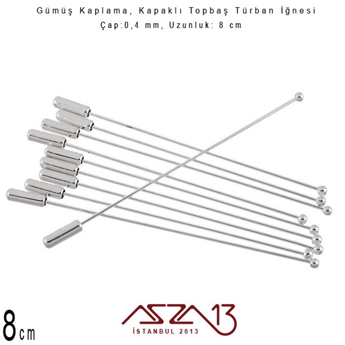 Gümüş Kaplamalı - 8 cm - Kapaklı Türban İğnesi / 1 Adet
