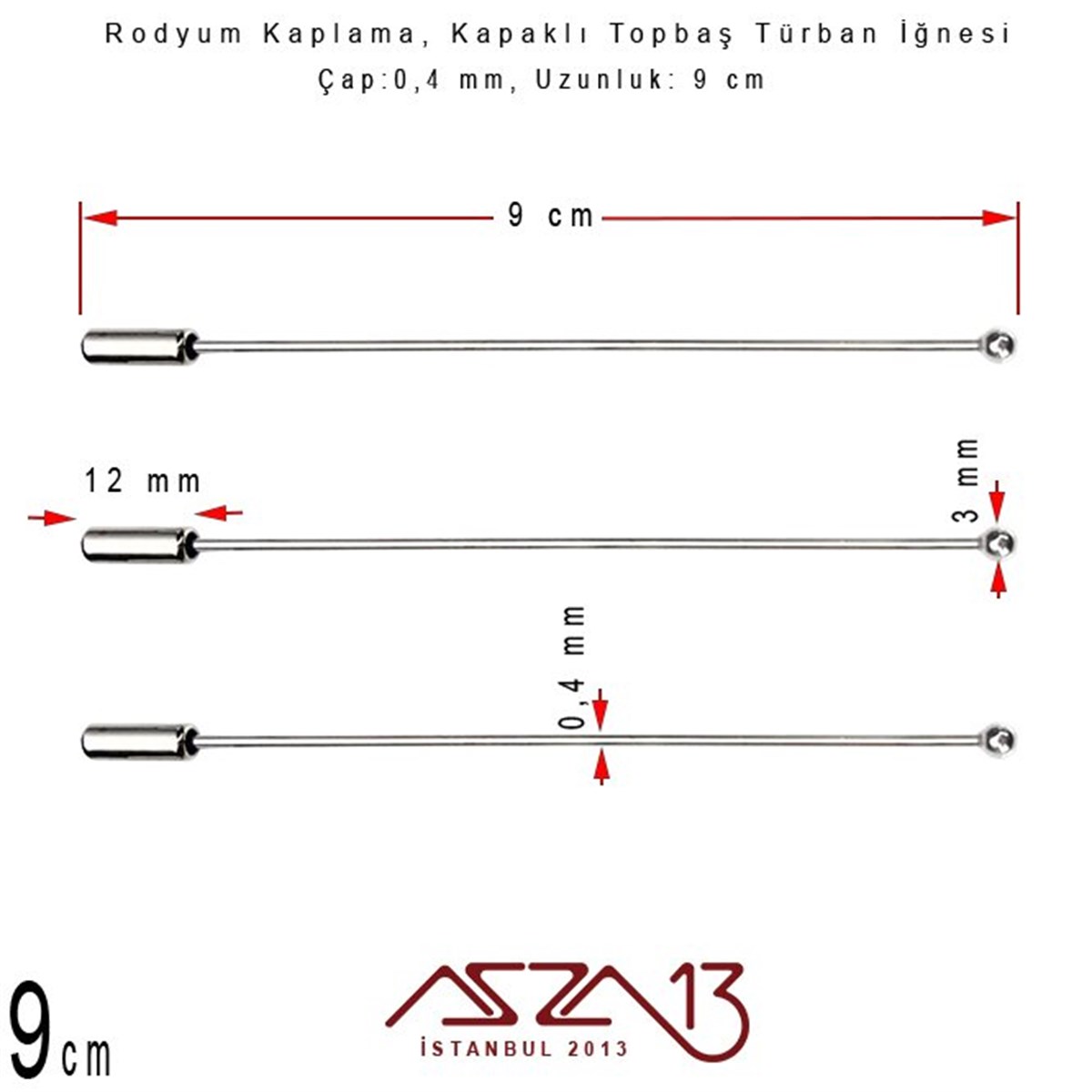 Rodyum Kaplamalı - 9 cm - Kapaklı Türban İğnesi / 1 Adet