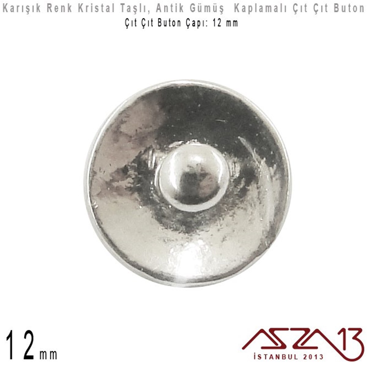 Antik Gümüş Kaplamalı - 12 mm, Kristal Tek Taş - Çıt Çıt Yuva Butonu / 1 Adet