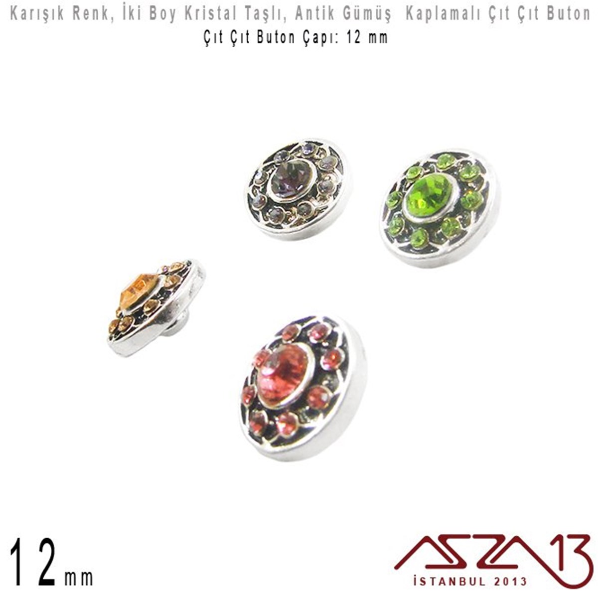 Antik Gümüş Kaplamalı - 12 mm, Kristal Taşlı - Çıt Çıt Yuva Butonu / 1 Adet