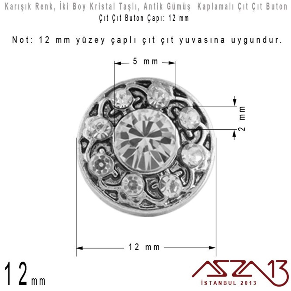Antik Gümüş Kaplamalı - 12 mm, Kristal Taşlı - Çıt Çıt Yuva Butonu / 1 Adet