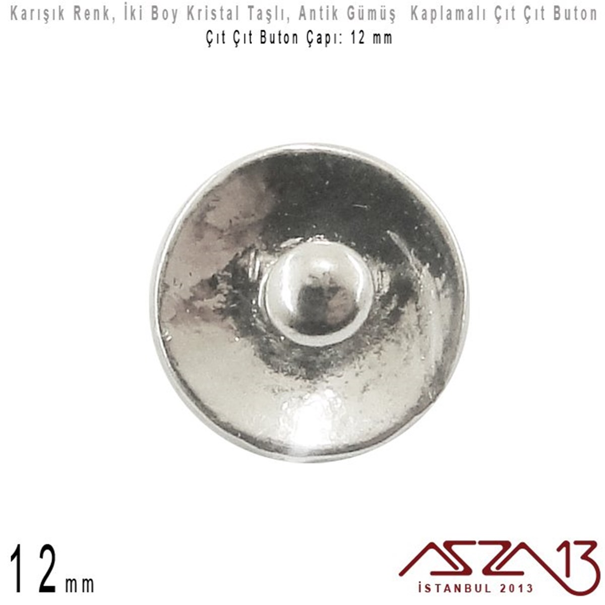 Antik Gümüş Kaplamalı - 12 mm, Kristal Taşlı - Çıt Çıt Yuva Butonu / 1 Adet