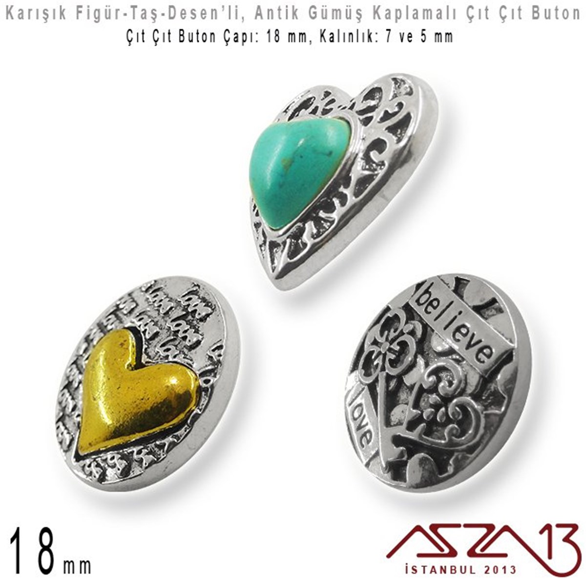 Antik Gümüş Kaplamalı - 18 mm, Yüzeyi Figürlü - Çıt Çıt Yuva Butonu / 1 Adet