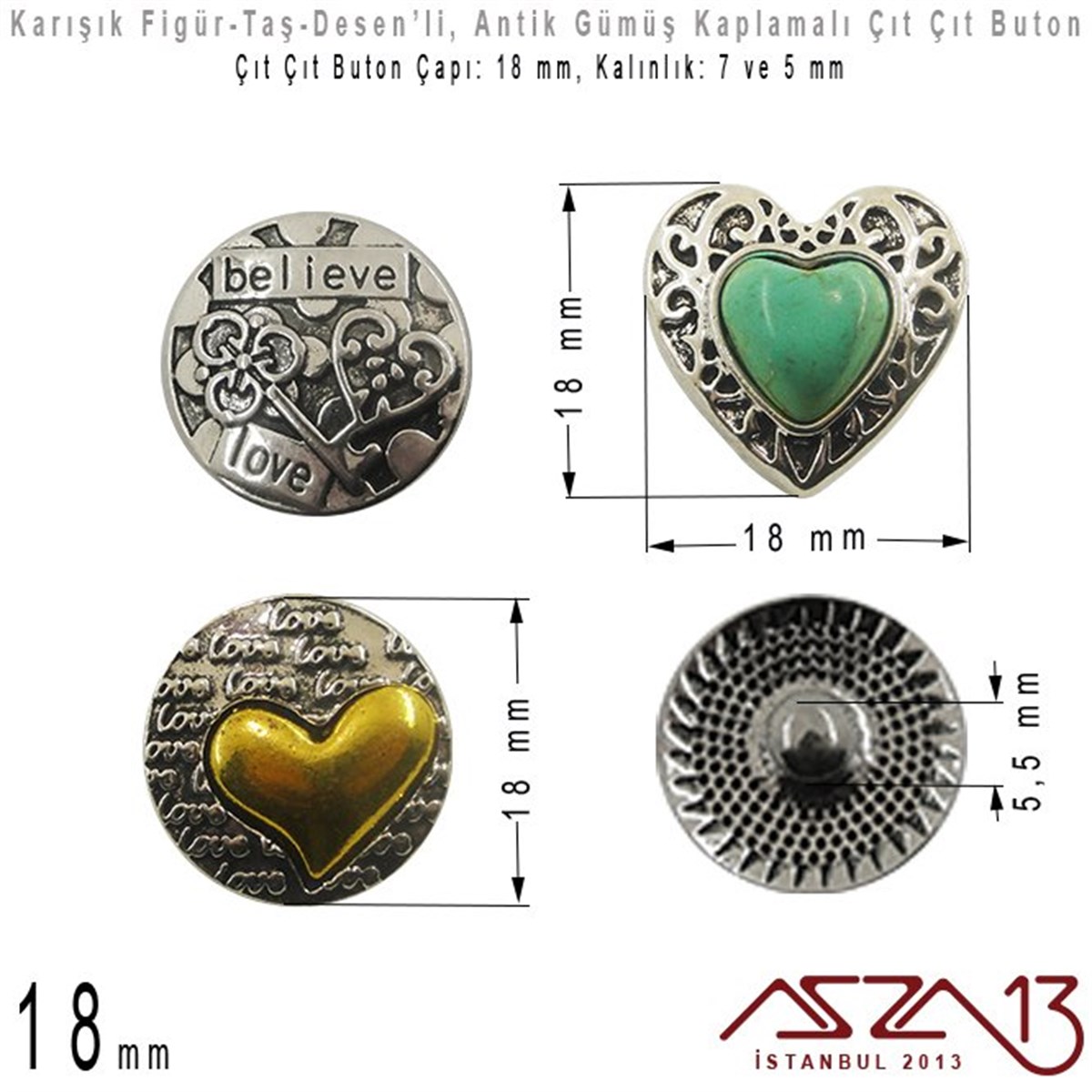 Antik Gümüş Kaplamalı - 18 mm, Yüzeyi Figürlü - Çıt Çıt Yuva Butonu / 1 Adet
