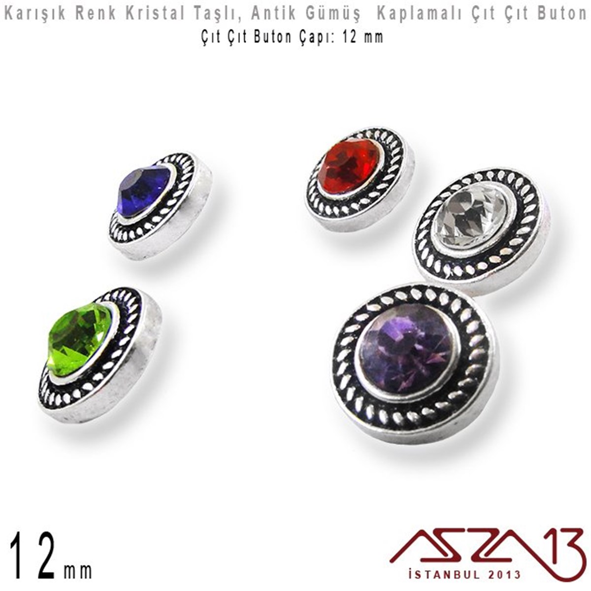 Antik Gümüş Kaplamalı - 12 mm, Kristal Tek Taş - Çıt Çıt Yuva Butonu / 1 Adet