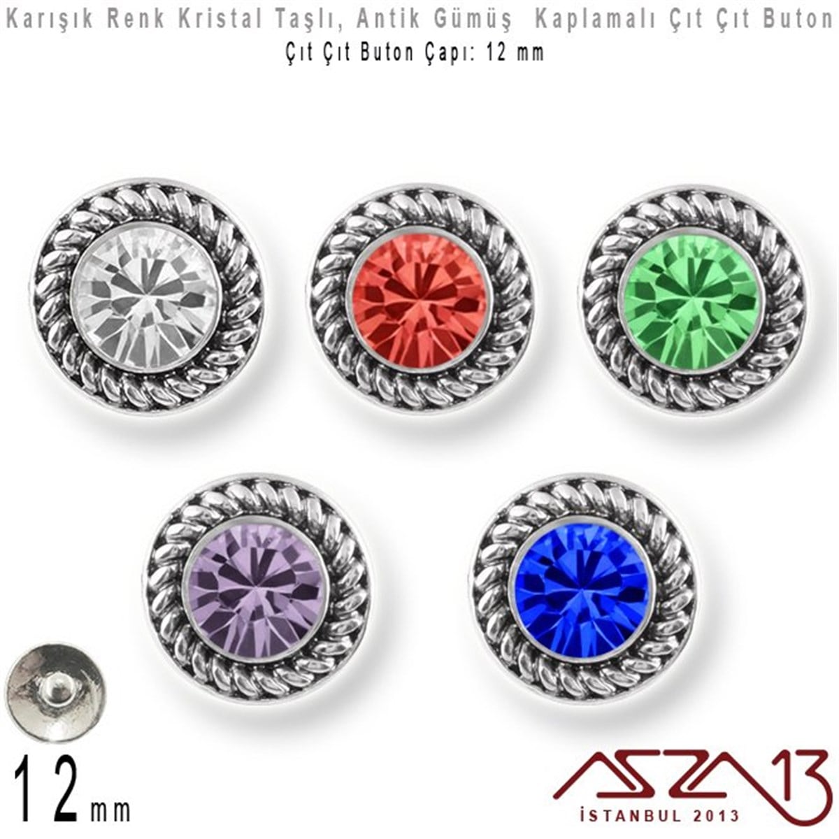 Antik Gümüş Kaplamalı - 12 mm, Kristal Tek Taş - Çıt Çıt Yuva Butonu / 1 Adet