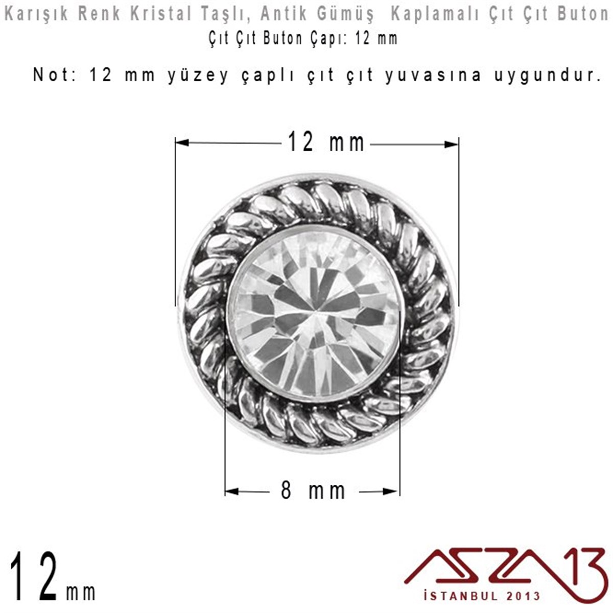 Antik Gümüş Kaplamalı - 12 mm, Kristal Tek Taş - Çıt Çıt Yuva Butonu / 1 Adet