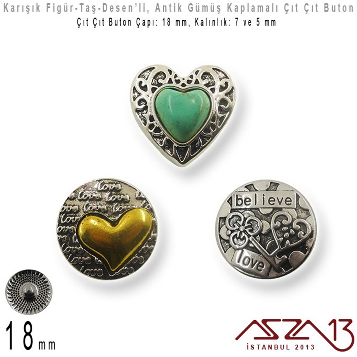 Antik Gümüş Kaplamalı - 18 mm, Yüzeyi Figürlü - Çıt Çıt Yuva Butonu / 1 Adet